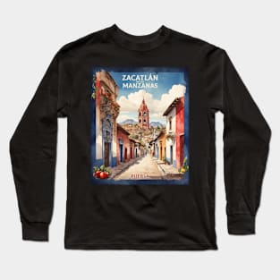 Zacatlan de las Manzanas Puebla Mexico Watercolor Vintage Tourism Long Sleeve T-Shirt